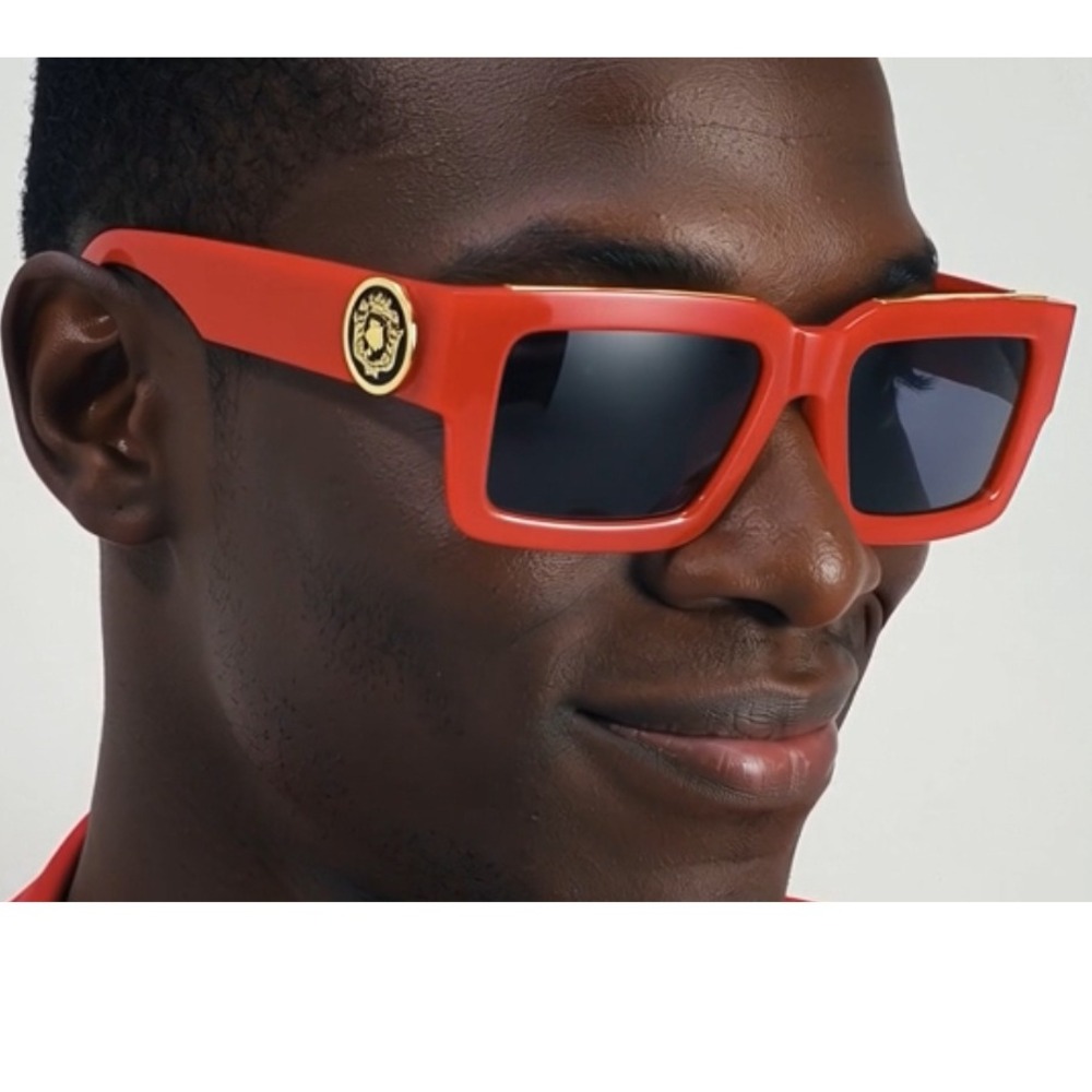 Men Sunglasses Red‎ Frame Gold Accent Square Design Fashion Shades UV400 Protect